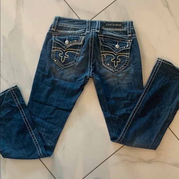 Rock Revival Blue Straight Leg Jeans with Distinctive Design - Picture 6 of 7